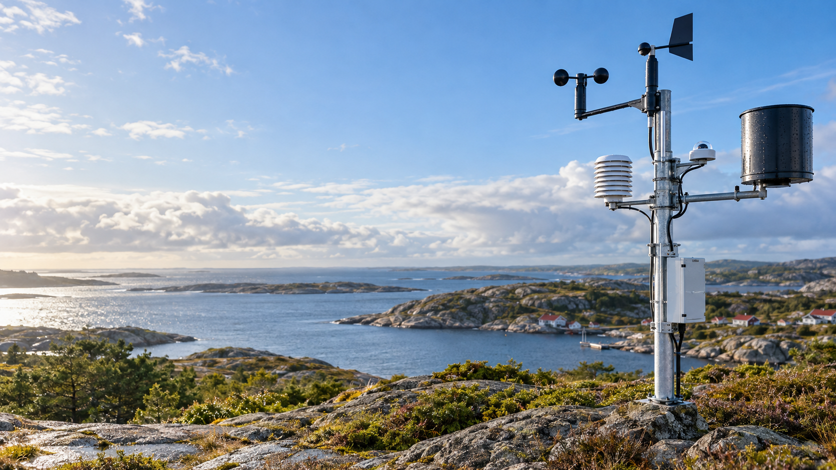 Professionell väderstation i kustlandskap på Tjörn